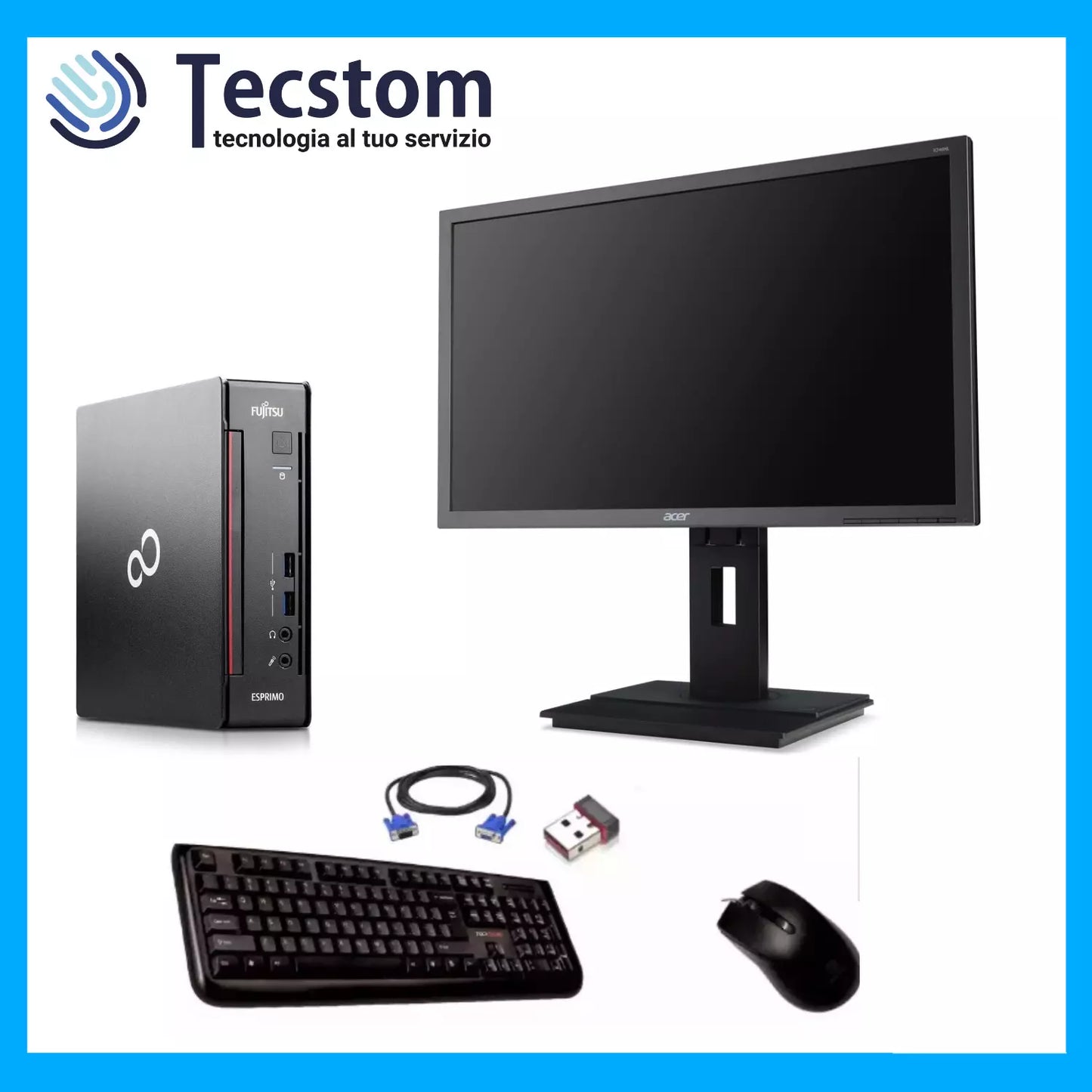 Postazione Completa Pc, Fujitsu Esprimo Intel i5-6500, Ram 16Gb DDR4 SSD 256Gb con Monitor 24", Mouse, Tastiera e Wifi (Ricondizionato)