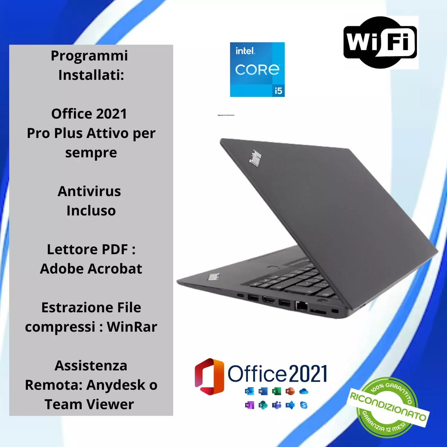 Lenovo Thinkpad T470 Notebook Pc Portatile 14" Intel i5-7200U 8Gb Ram SSD 256Gb + Office 2021 (Ricondizionato Grado A)